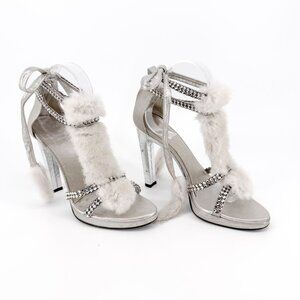 Gucci Tom Ford Silver Crystal Mink Fur Sandals Heels Size 8.5 Vintage Y2K Tie